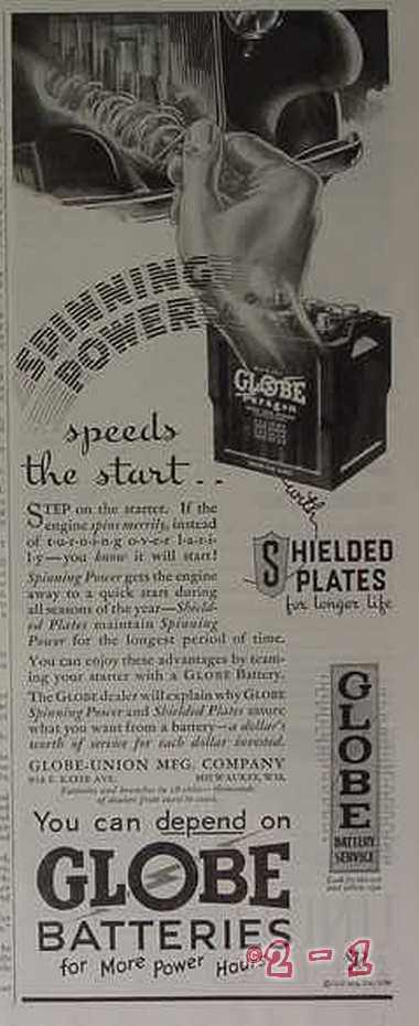 kaskade Sammenligne Final eBlueJay: Globe Union Mfg Co 1934 Spinning Power Speeds Start Battery  Vintage Ad