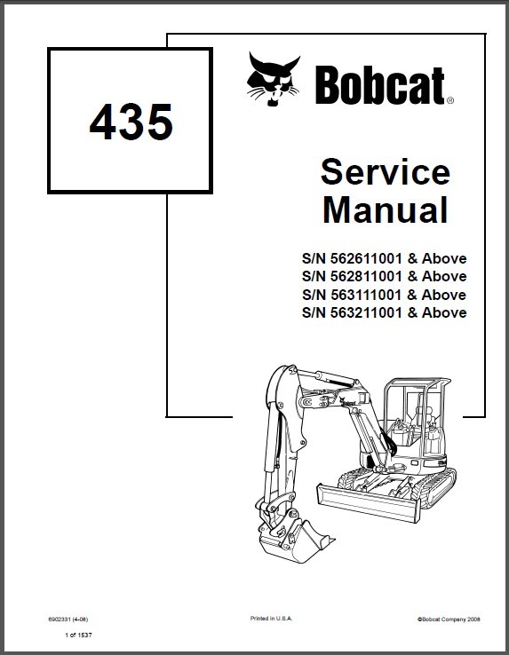 Bobcat 435 Compact Excavator Repair Workshop Service Manual Part Number # 6902331 